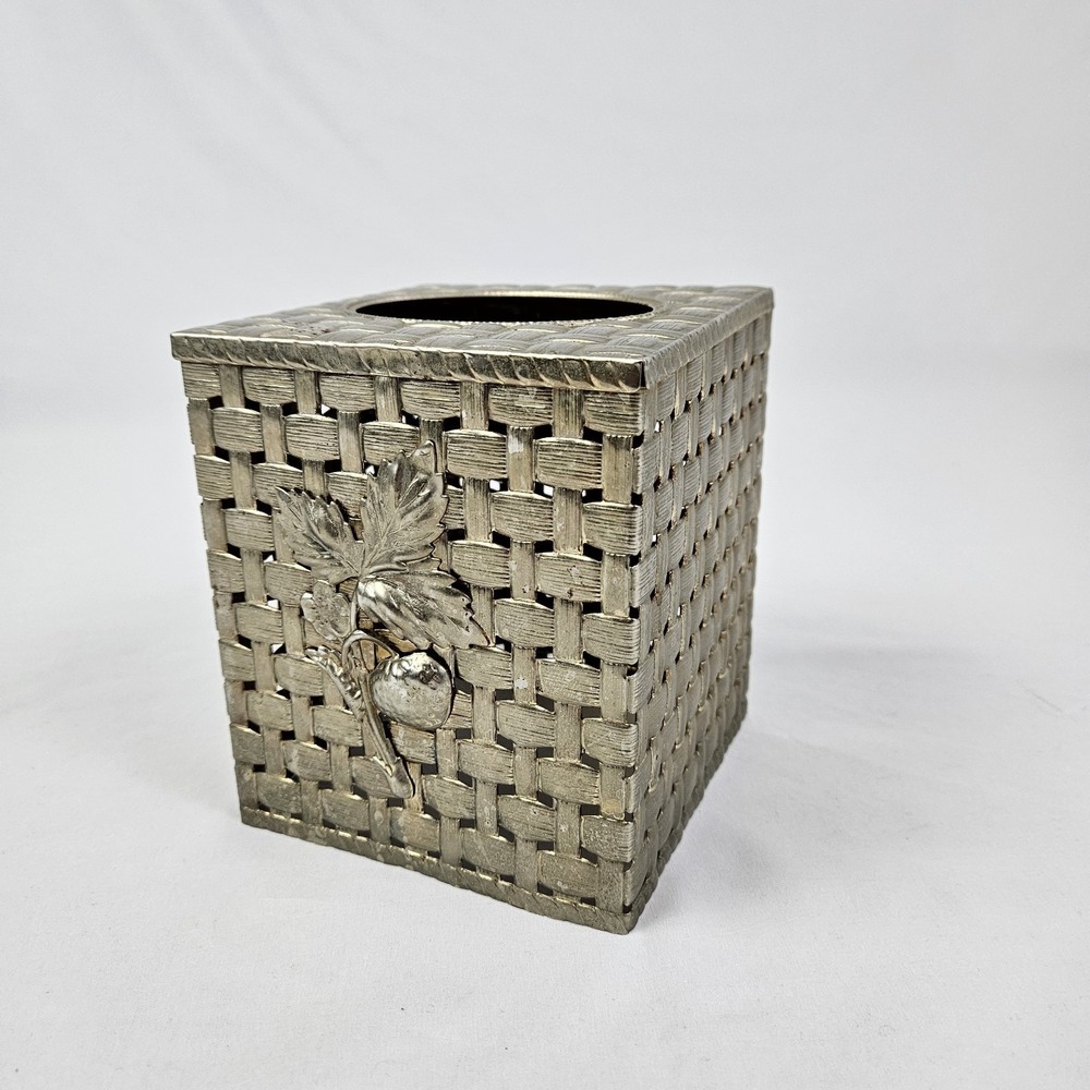 Gold Metal Kleenex Tissue Box Cover Basketweave Raised Strawberry Vintage MCM